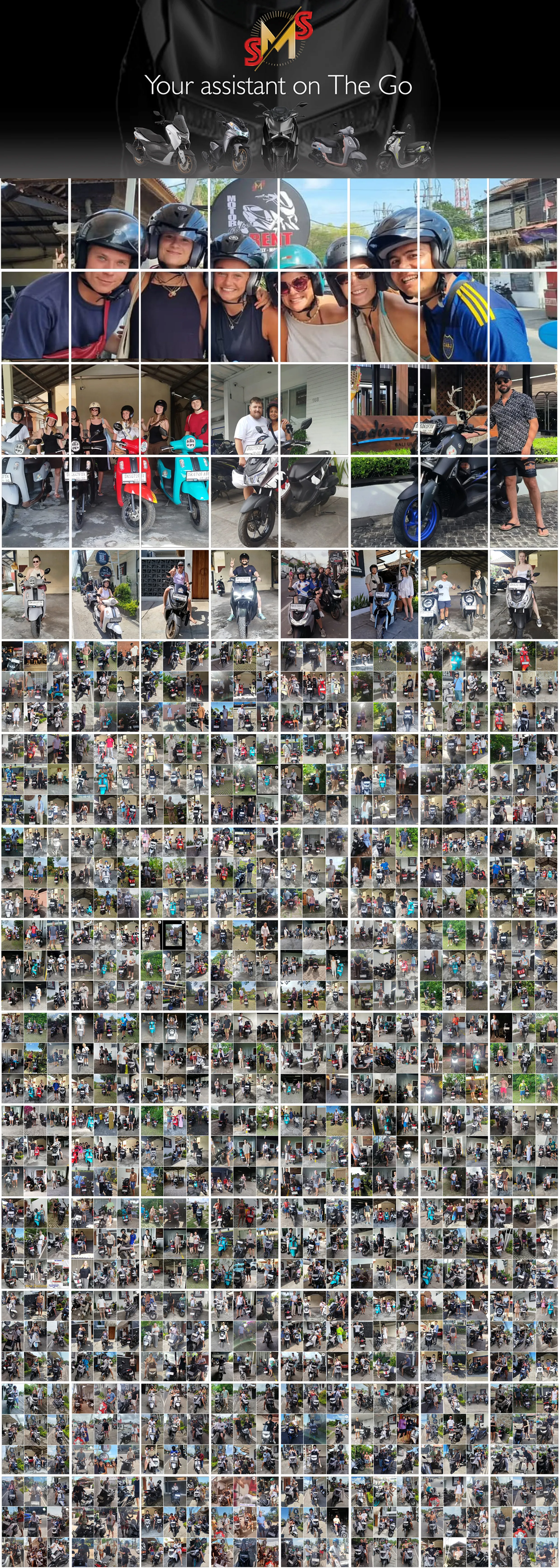 Collage of SMS Rental Bali customers from 20+ countries with our rental bikes and cars