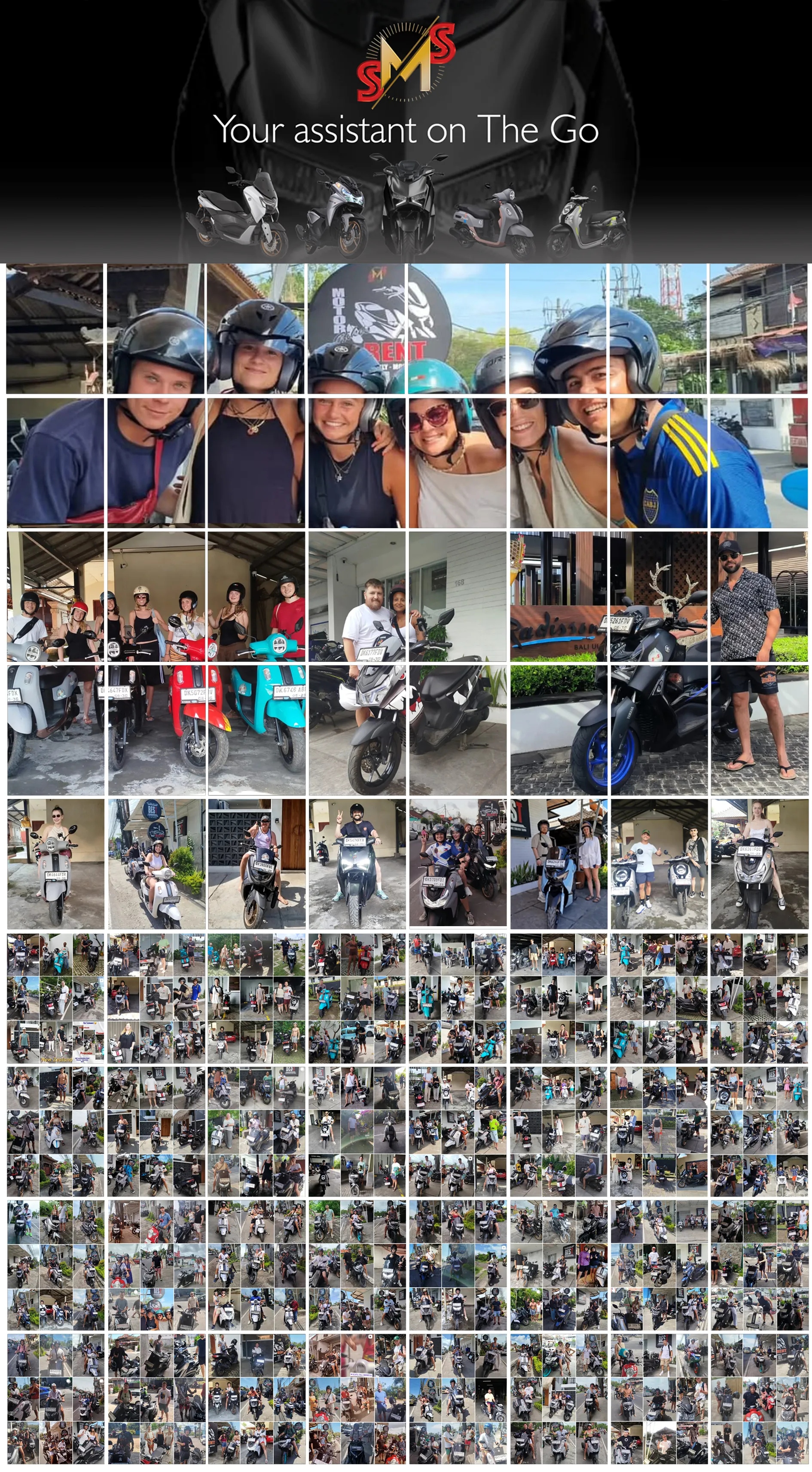 Collage of hundreds of SMS Rental Bali customers from 20+ countries on our rented scooters and cars